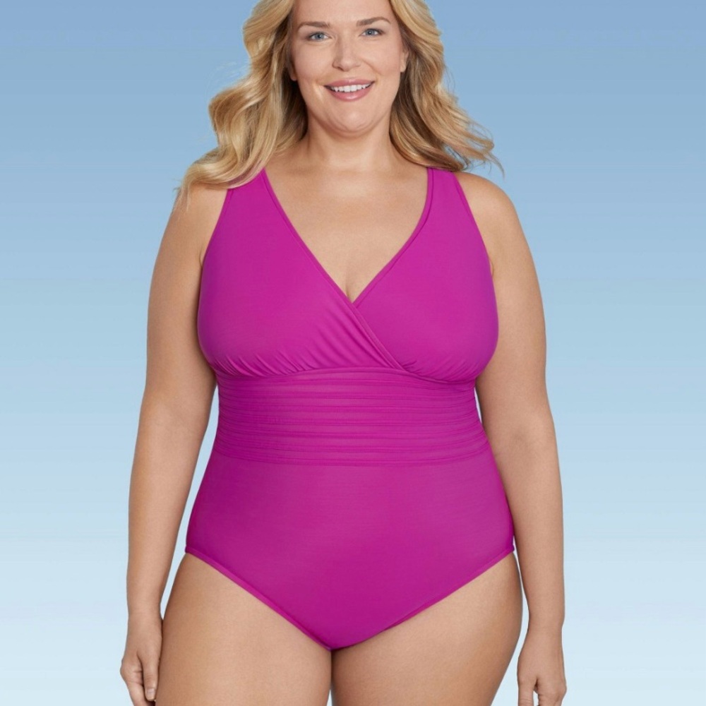 Women's UPF 50 Waist Detail Over the Shoulder Swimsuit -Aqua Green size 17 02937